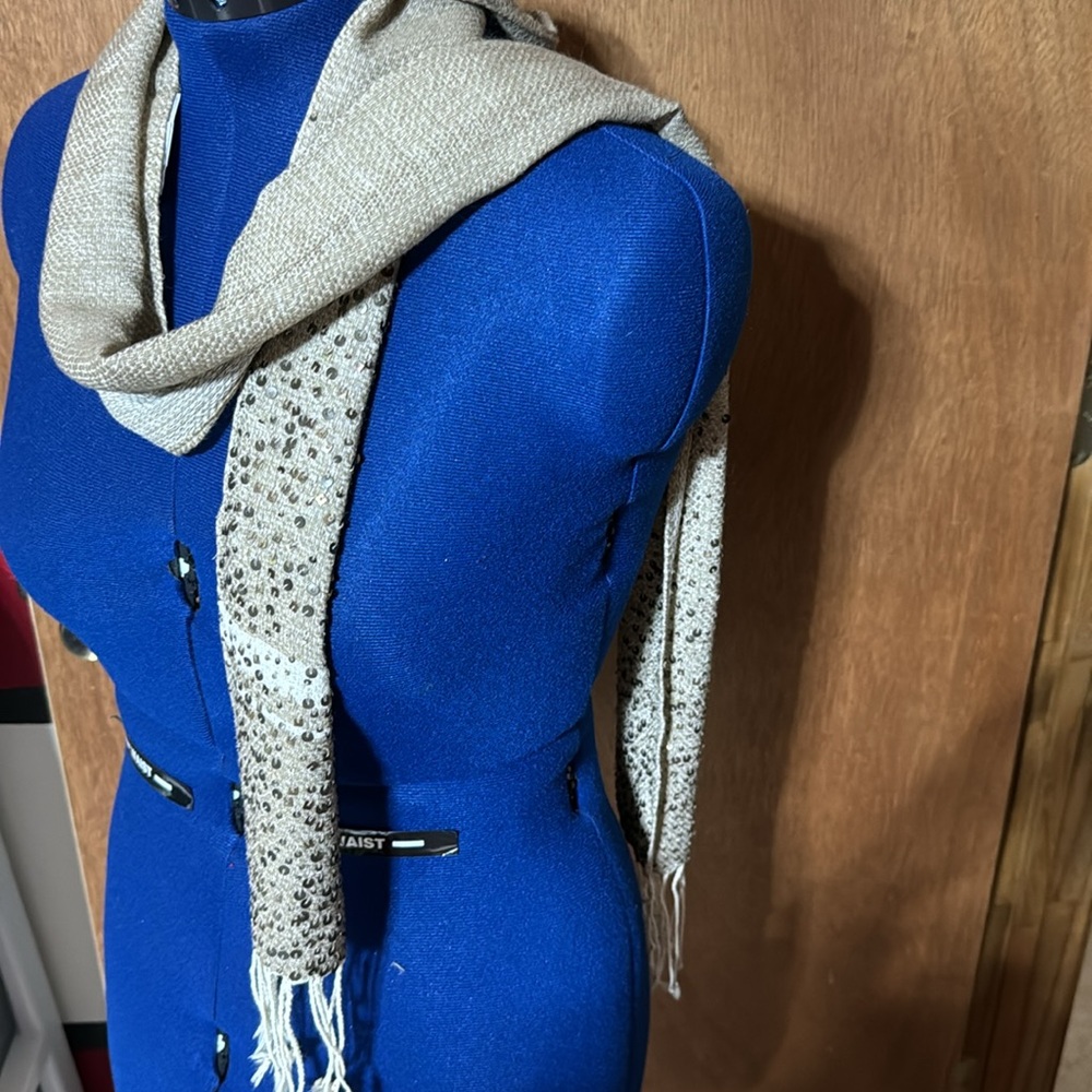 Chico’s 100% wool dark beige scarf with sequins and fringe. Soo pretty! …